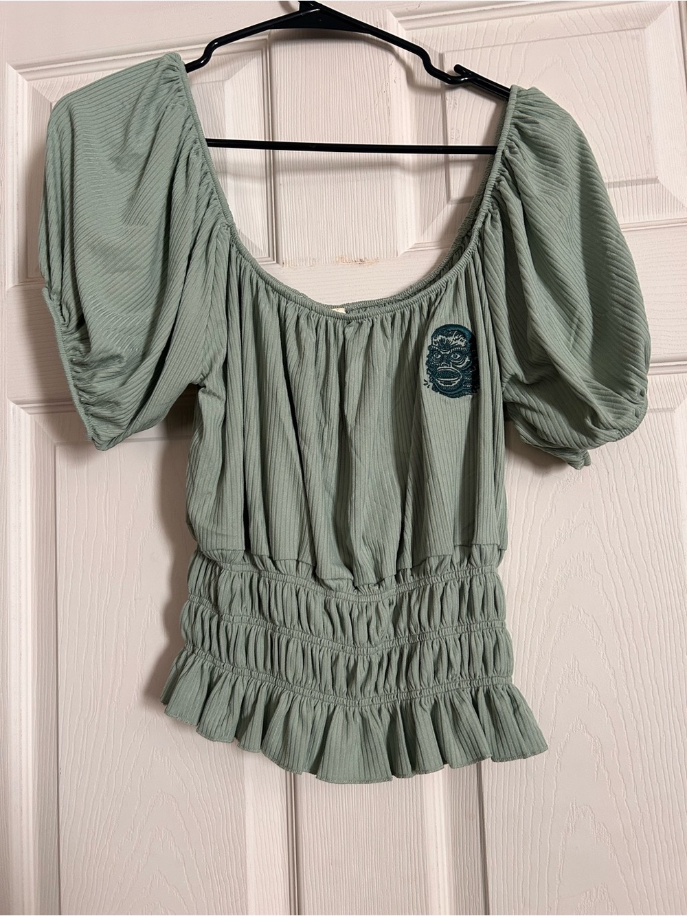 Miss Ladybug.CA Sage Green Peasant Blouse with Smocked Waist with Embroidery